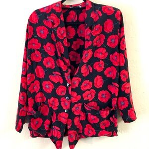 MaxMara 100% Silk Long Sleeve Floral Lightweight Blazer Large Black